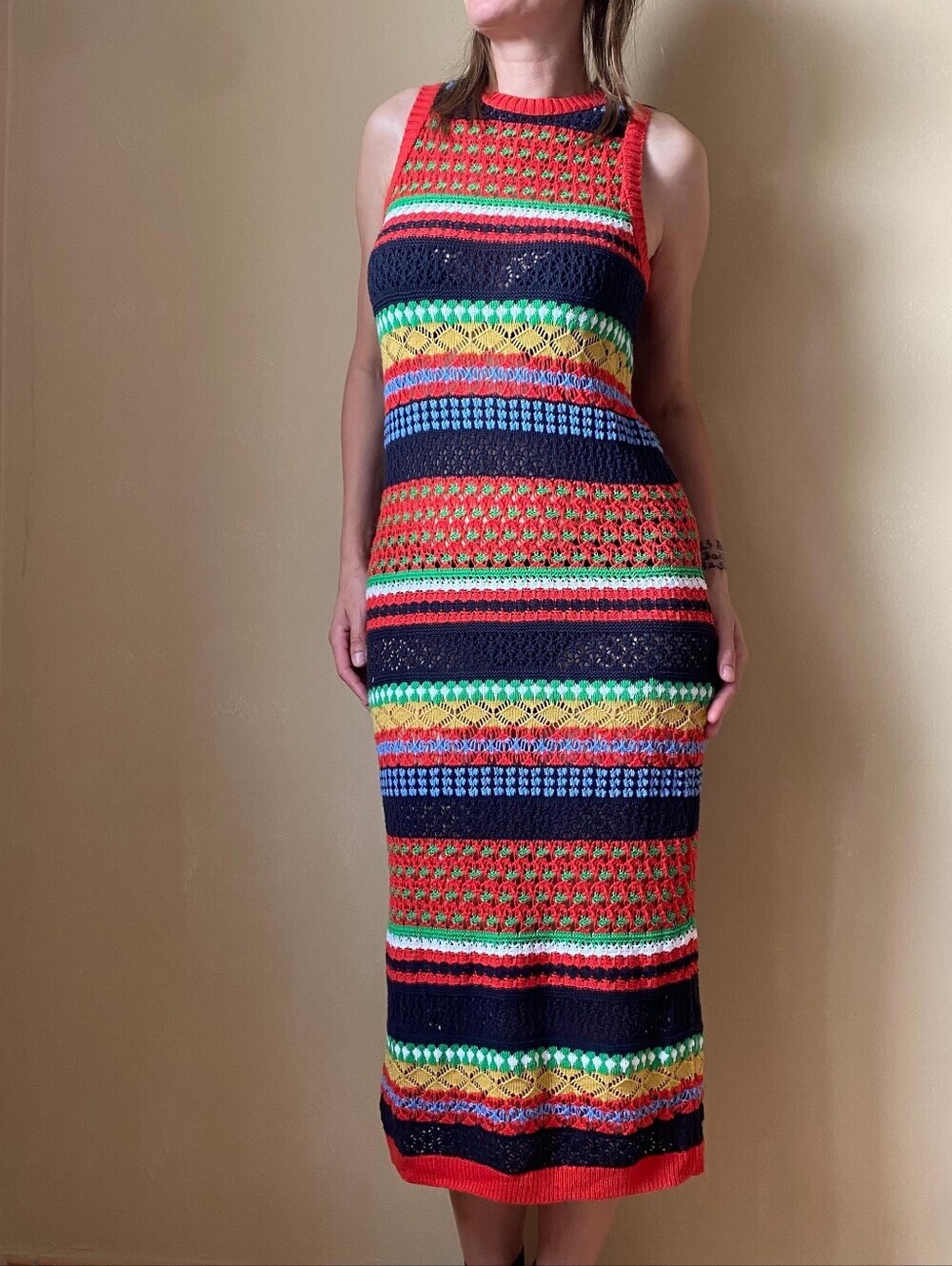 MANGO Multi-Color Striped Boho Crochet Midi Summer Dress Size 8